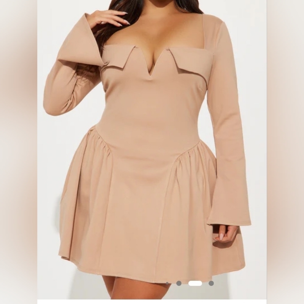 Fashion Nova Beige Long Sleeve Dress